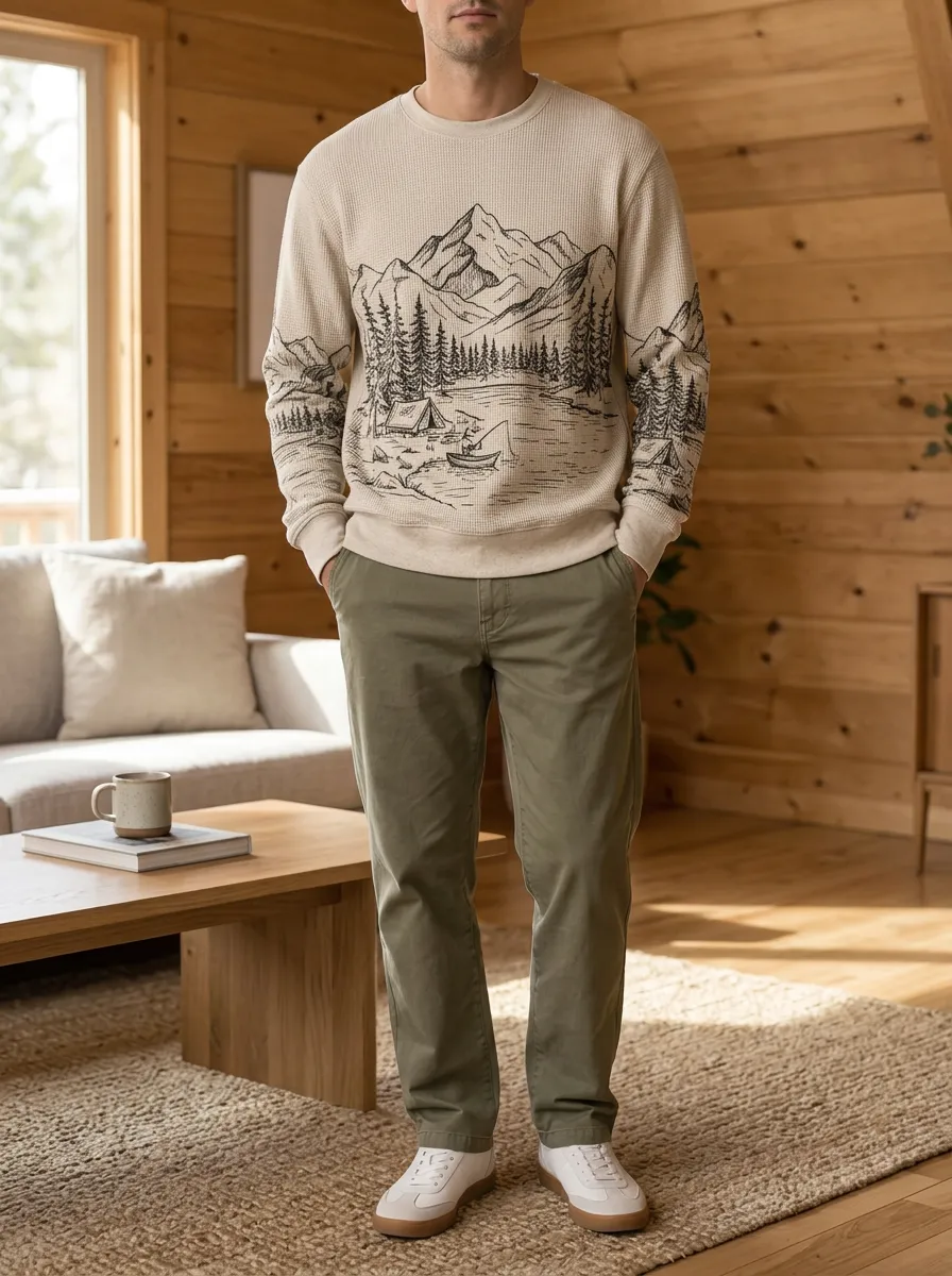 Men's Beige Graphic Printed Waffle Crewneck Sweatshirt