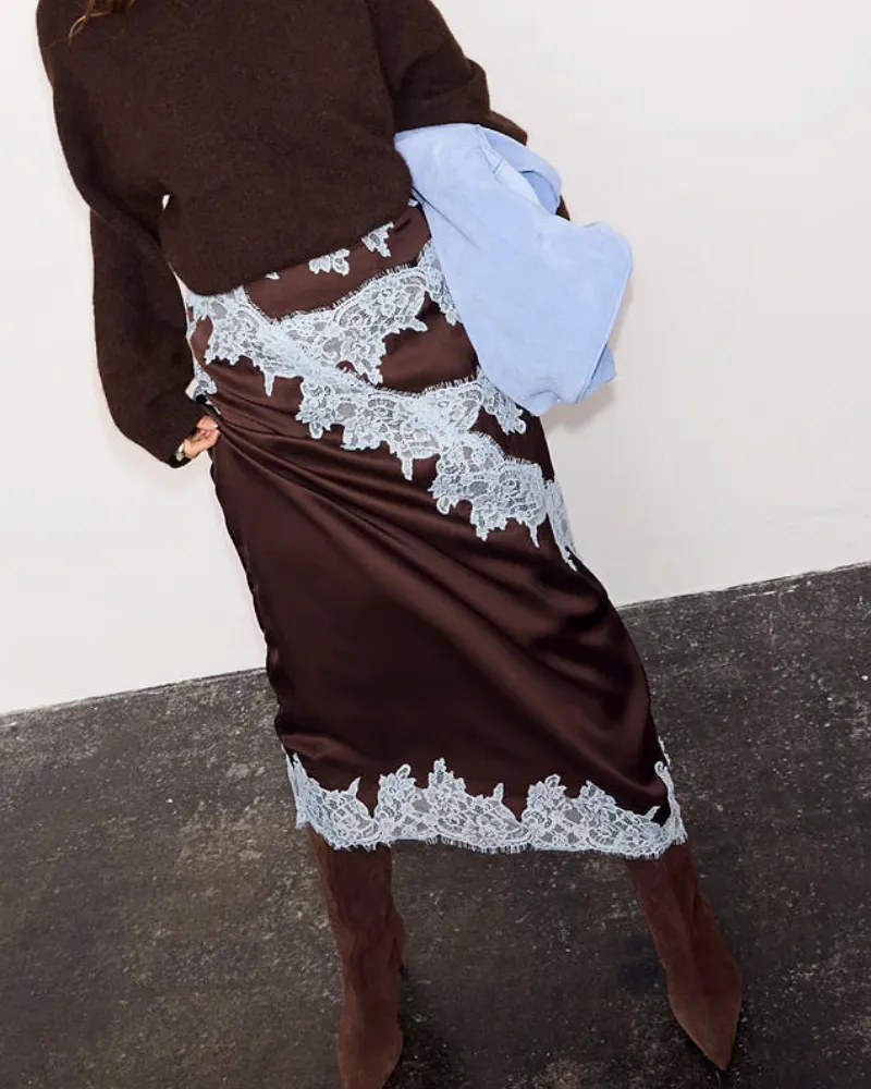 Lace Trim Satin Midi Skirt