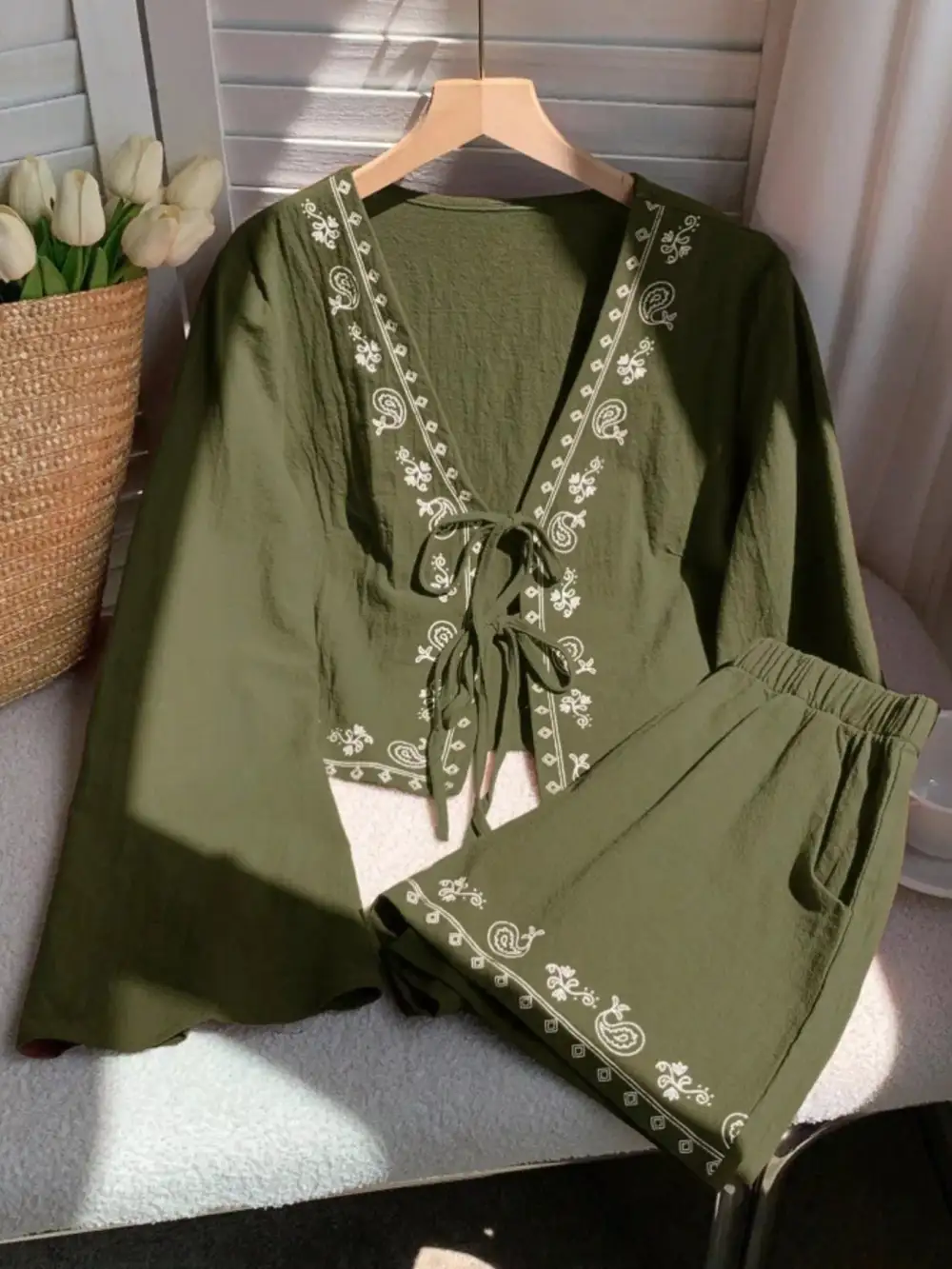 Embroidered Tie Front Top & Shorts Set