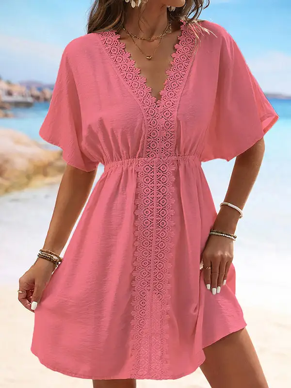Batwing Sleeve Relaxed Elasticity See Through Split Joint V Neck Mini