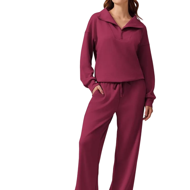 Women's Two-Piece Sports Set Long-Sleeved Half-Zip Cardigan Sweatshirt
