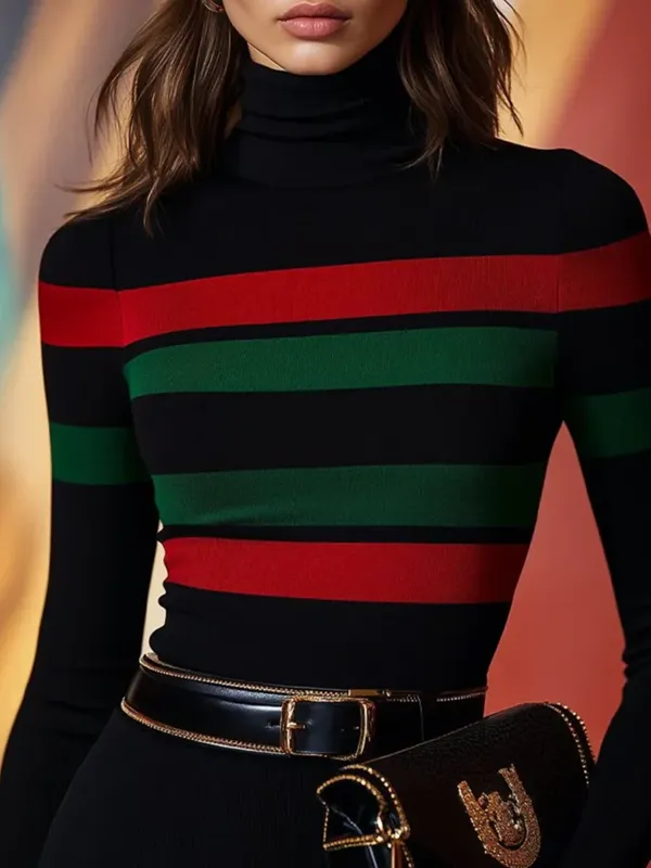 Long Sleeve Slim Fit Contrast High Neck T-Shirt