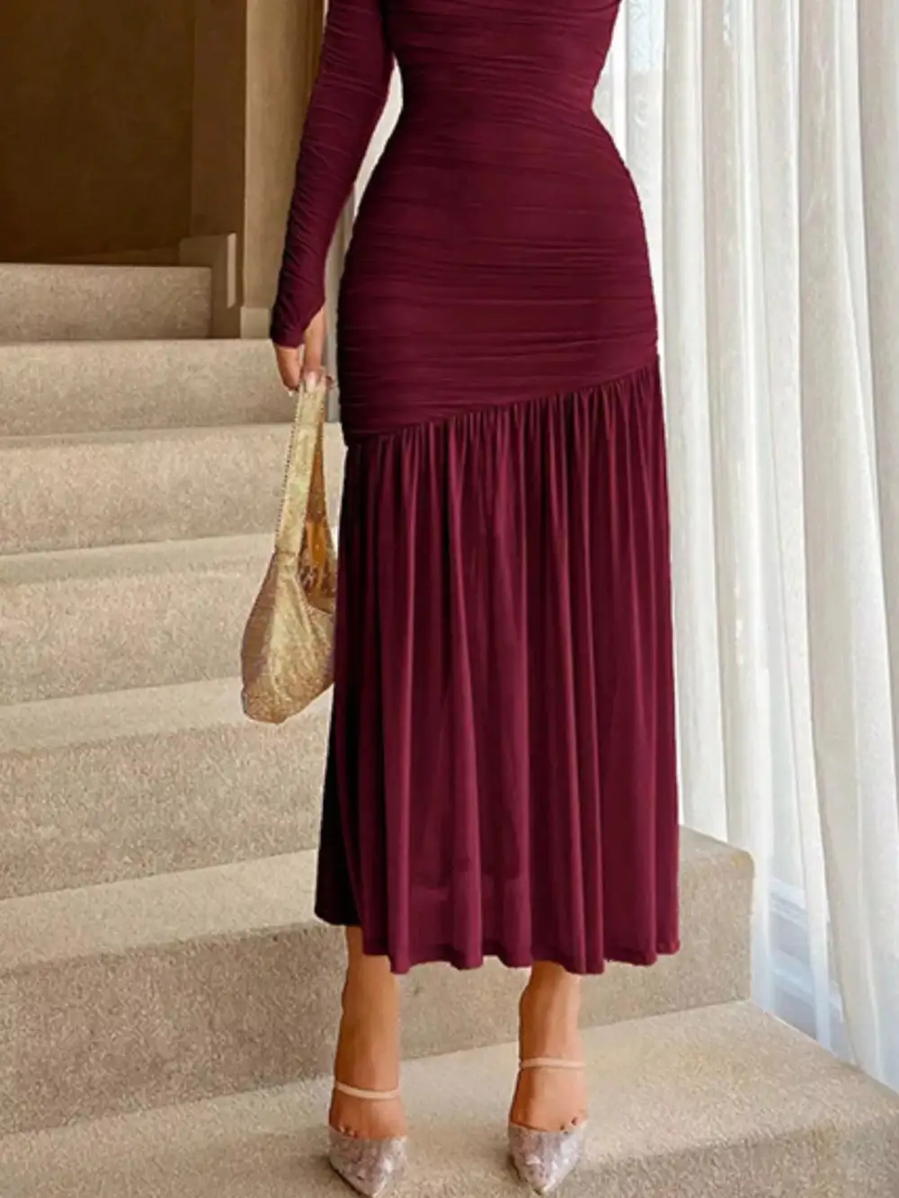Finish Ruched Long Sleeve Midi Dress