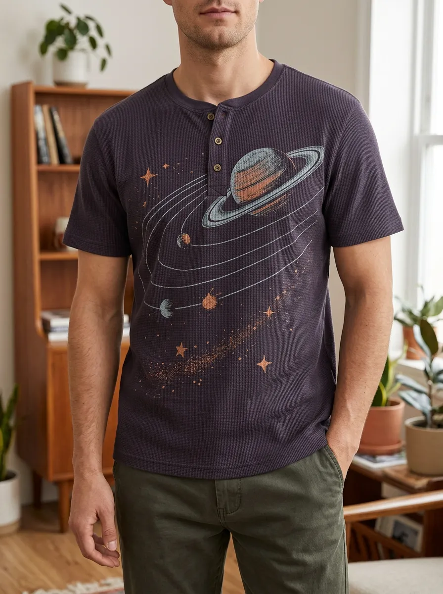 Men's Classic Space Astronomy Saturn Planet Henley T-Shirt
