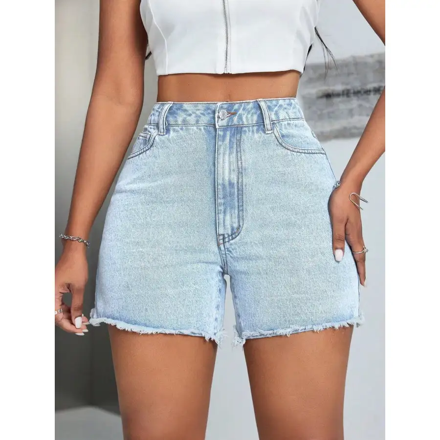 Casual Buttoned Raw Hem High Waist Pocketed Shorts