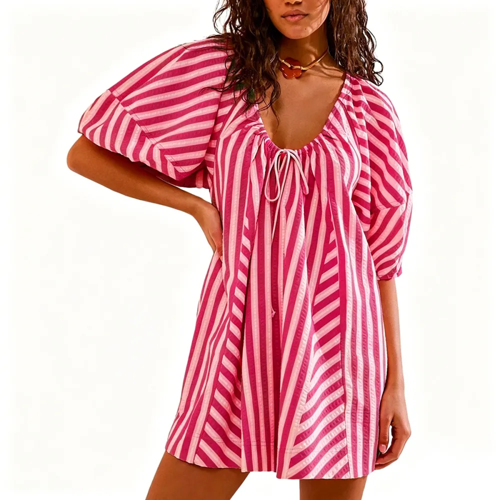 Womens Striped Romper Casual Loose Puff Sleeve Wide Leg Jumpsuit