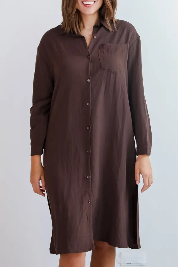 Brown Button Front Midi Dress