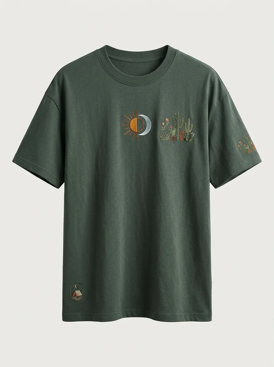 Unisex Nature Lover Sun Moon Cactus Embroidered T-shirt