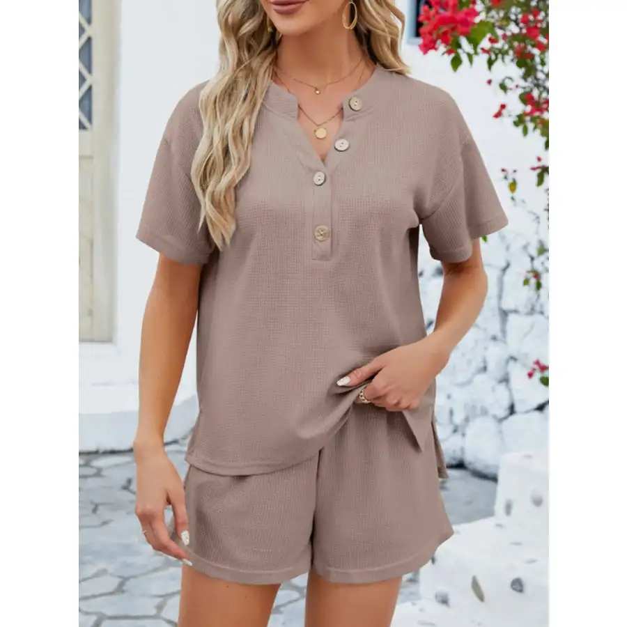Casual Button Detail Ribbed Top and Shorts Two Piece Set