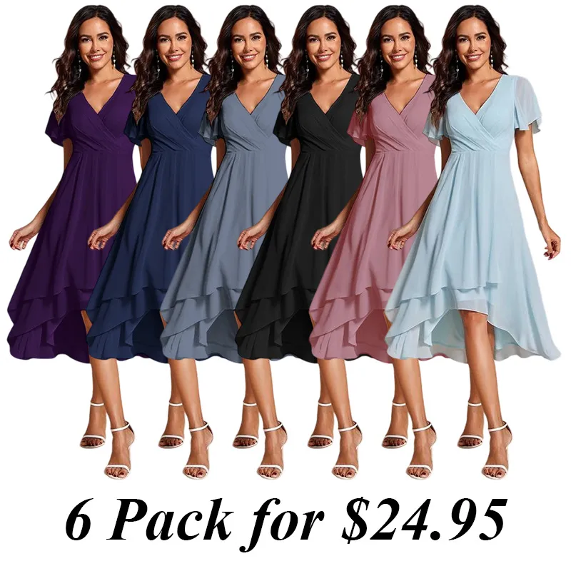 6PACK-Ruffles Sleeve Pleated V-Neck A-Line Midi Chiffon Wedding Guest Dress