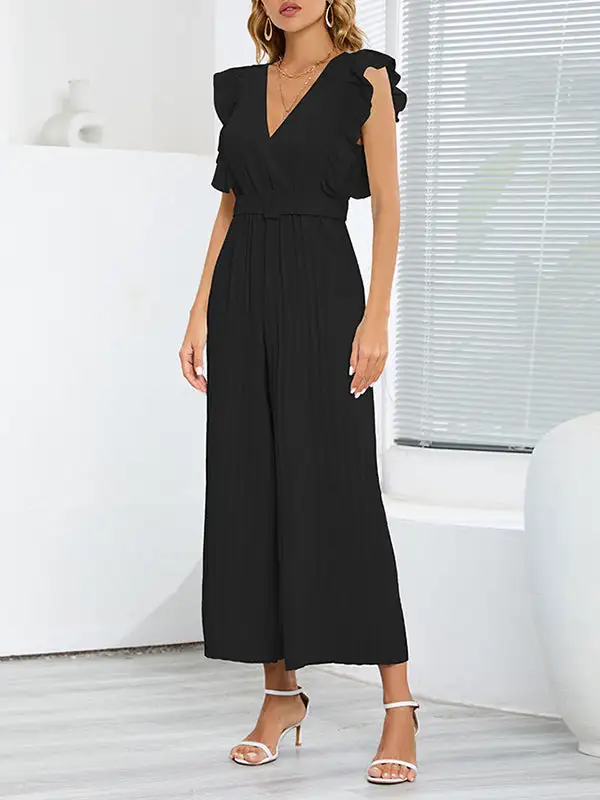 Hoog Getailleerde Losse Geplooide Jumpsuits Met V Hals