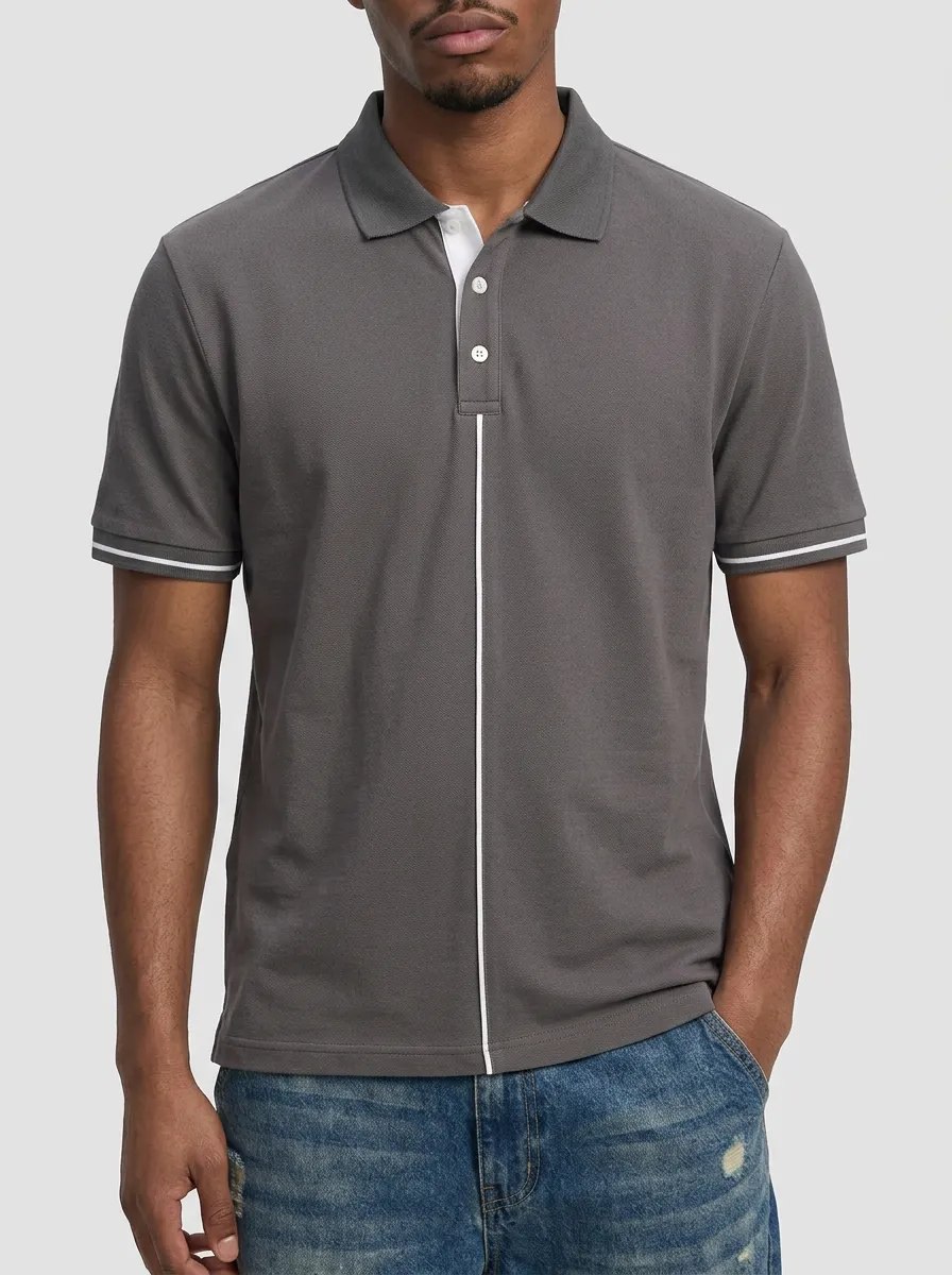 Men's Knit Textured Striped Contrast-Piping Contrast-Trim Running Polo Shirt
