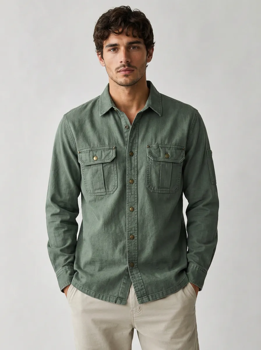 Men's Olive Utility Button-Down Shirt - Design B