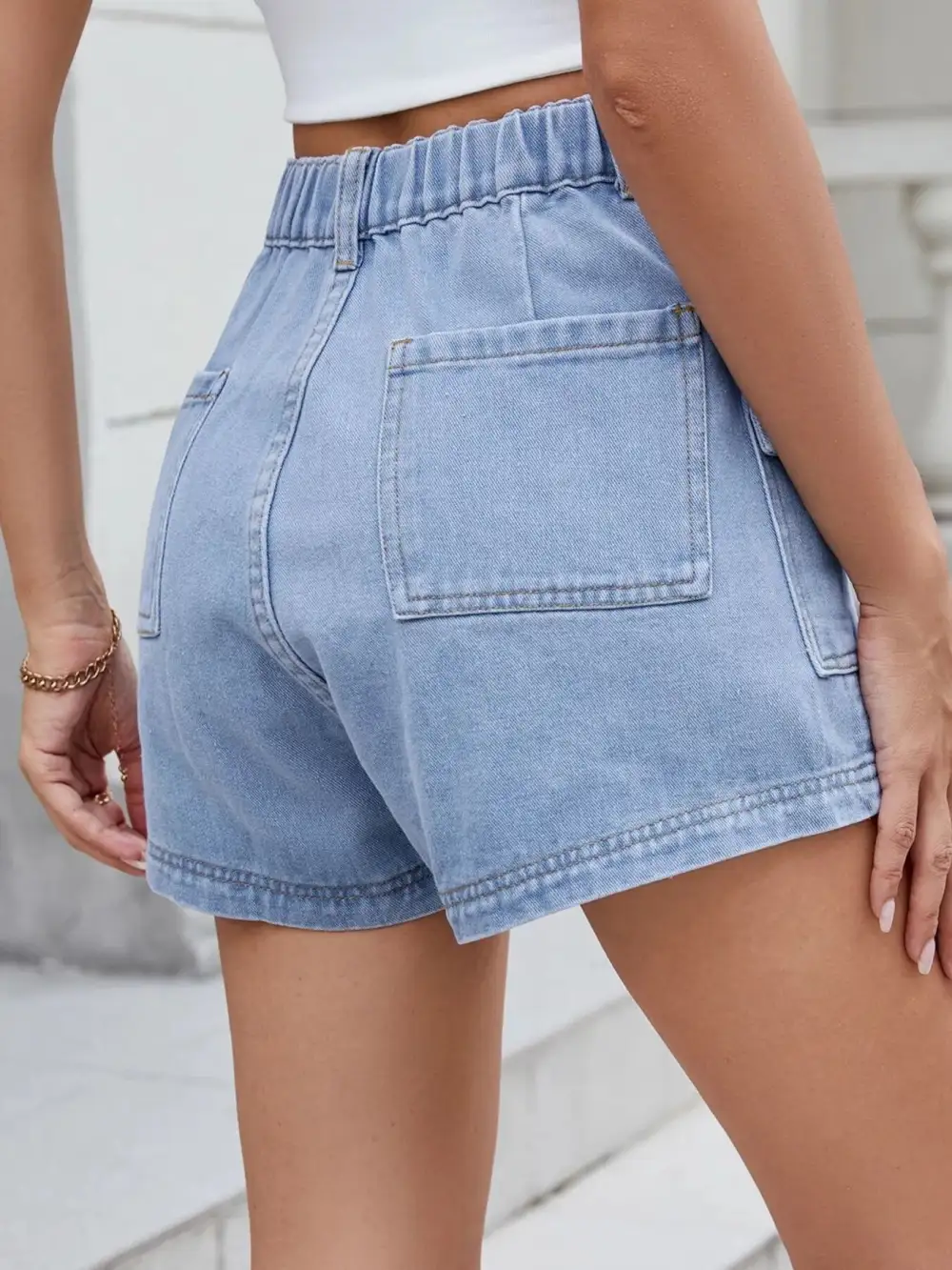 High-Waist Cargo Denim Shorts