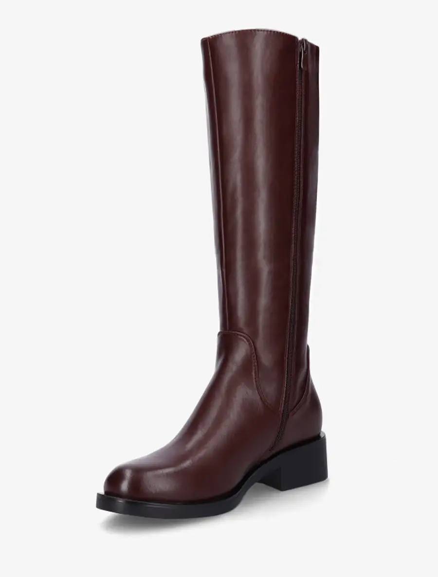 Refined Block Heel Faux Leather Flat Sole Knee High Boots