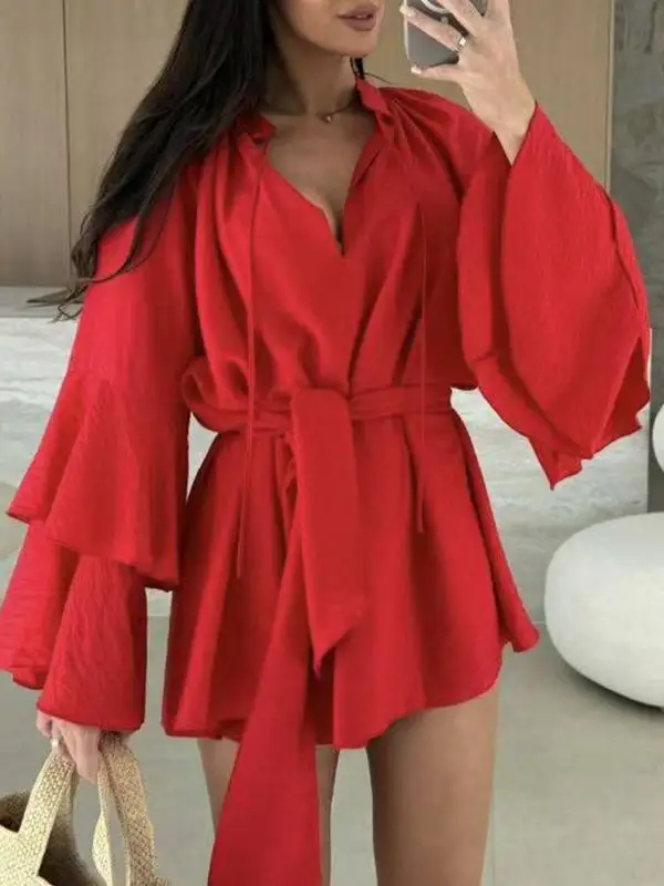 Flared Sleeve Relaxed Lace Up Pleated Solid Color Split Joint Tiered