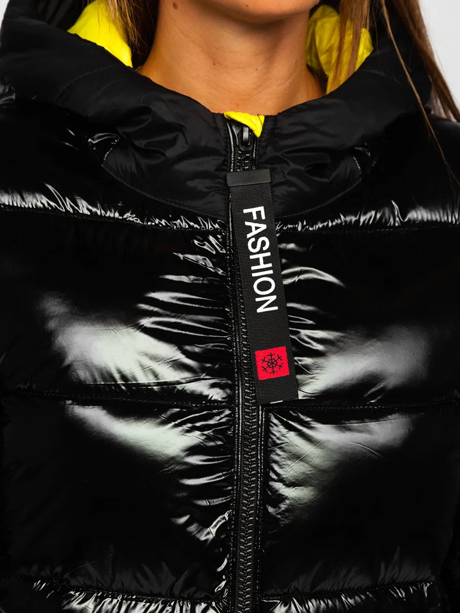 Black and yellow women's quilted winter jacket with hood