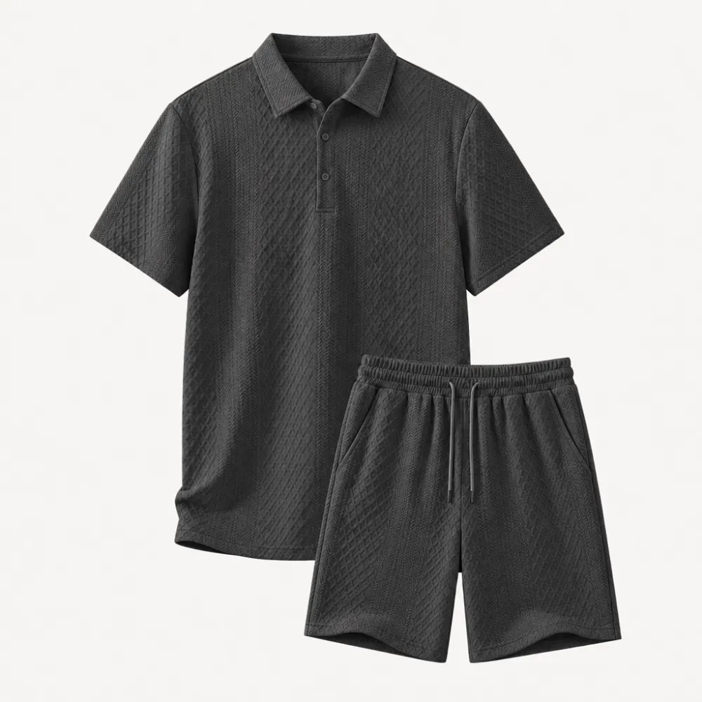 Men's Textured Knit Polo & Shorts Set