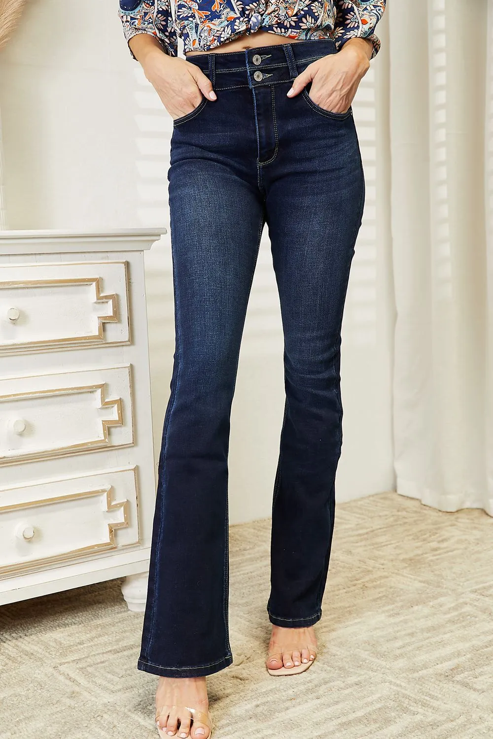 High Rise Round Neck Denim Jeans