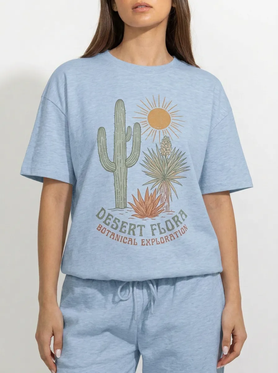 Women's Desert Flora Cactus Botanical Exploration Printed T-shirt