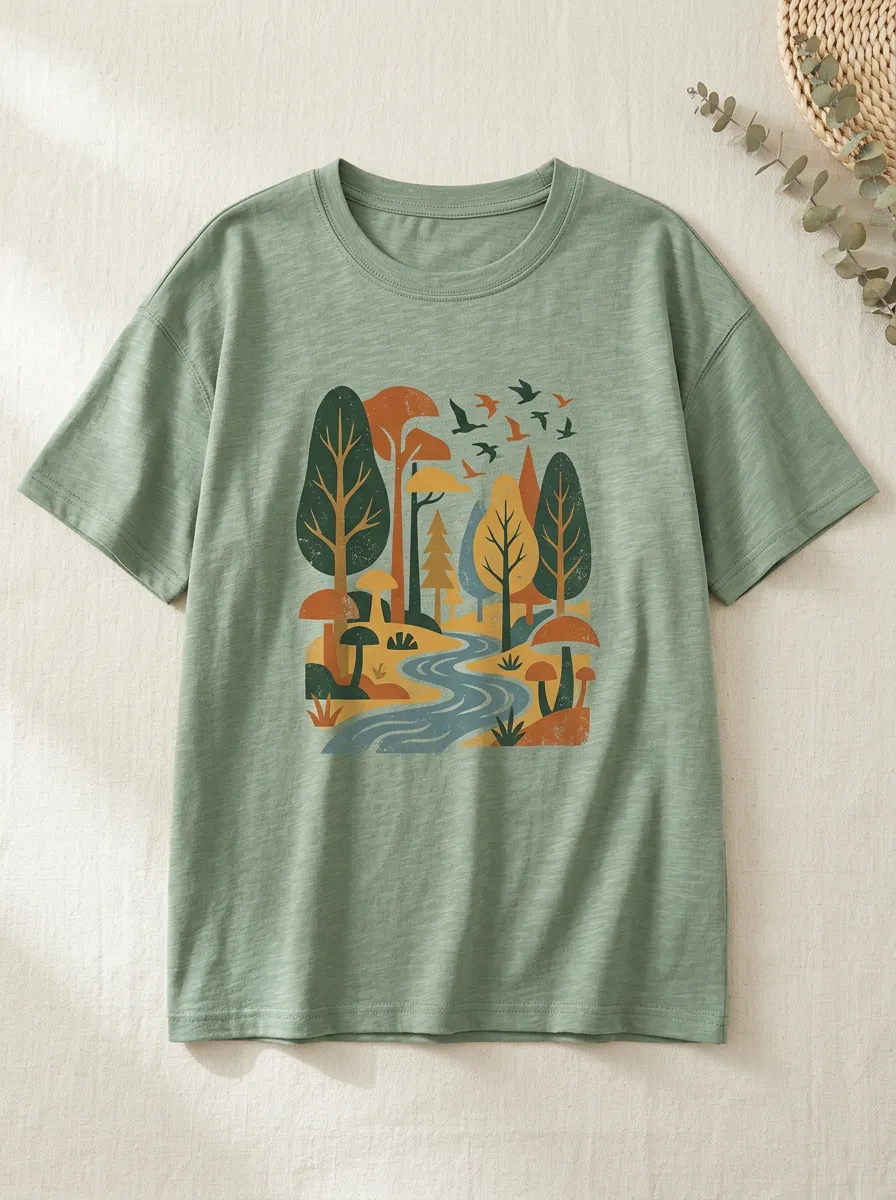 Women's Nature Forest River Mushroom Print Crew Neckline Ribbed Trim T-Shirt