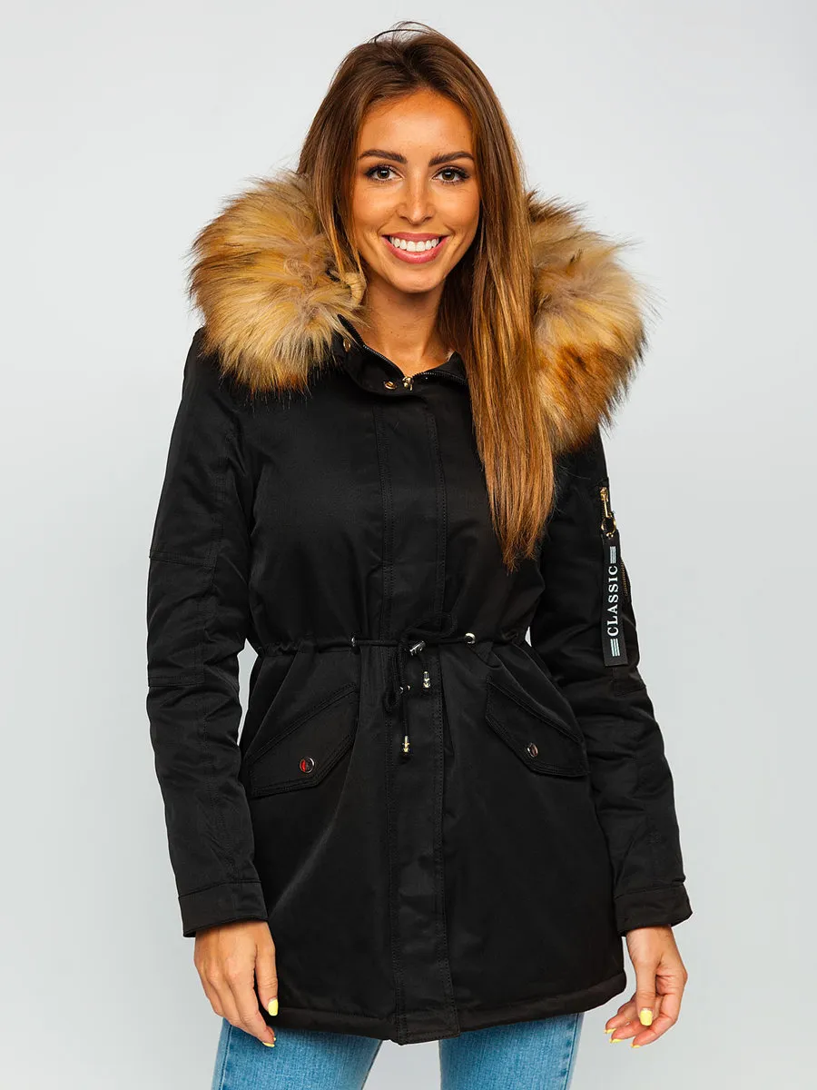 Black women's winter parka jacket with hood