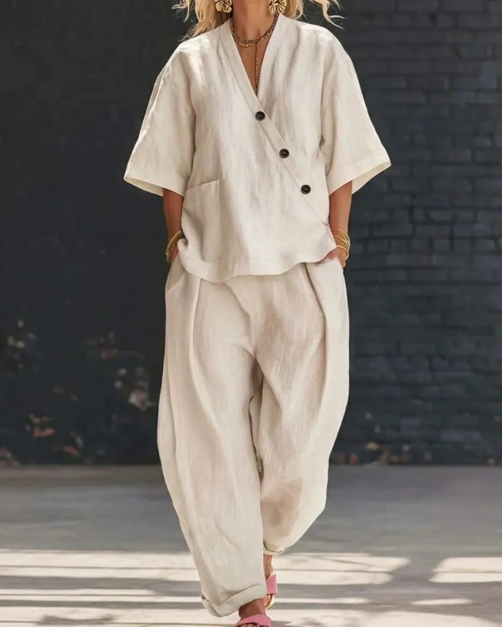 Casual Cotton and Linen V-Neck Top and Wide Leg Set