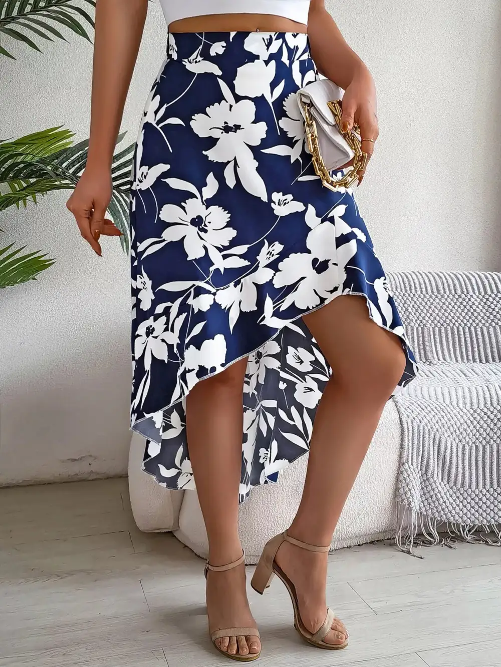 Print Ruffle Hem Asymmetrical Skirt