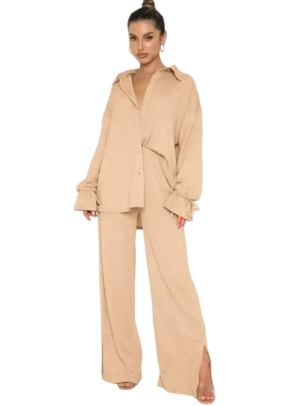 Women's Button-Front Shirt & Split-Hem Pants Set - Flounce Sleeve Top & Wide-Leg Trousers