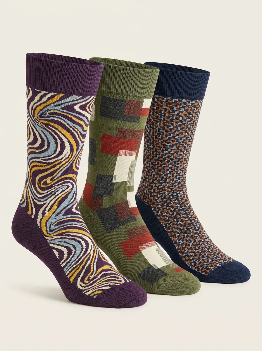 Men's Abstract Geometric Pattern Print Set Includes Pairs Crew-Length 3-Pack Socks