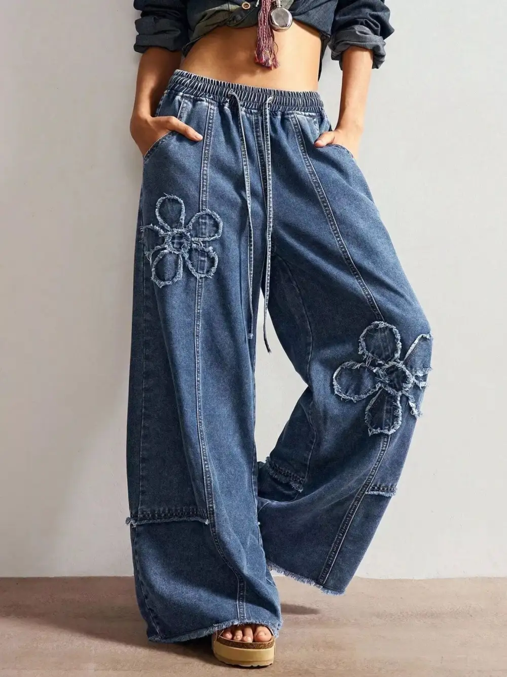 Drawstring Distressed Wide Leg Jeans