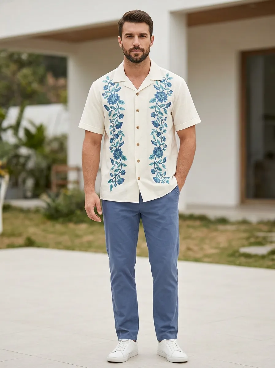 Men's Refined Floral Embroidered Short Sleeve Shirt