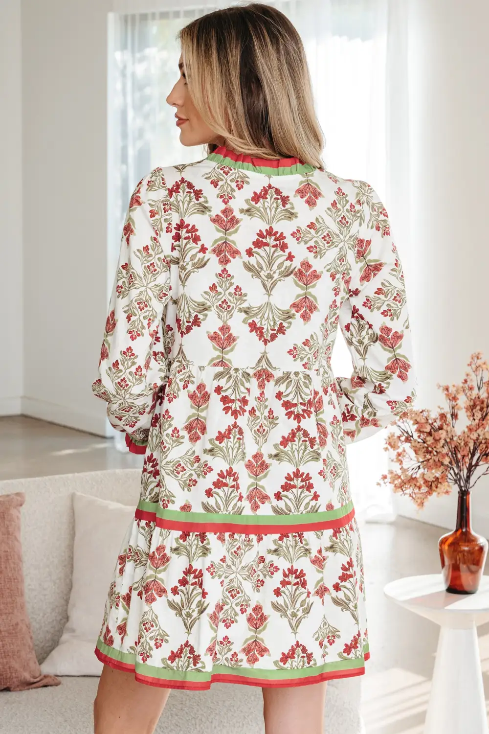 Textured Detail Floral Printed Ruffle Dress