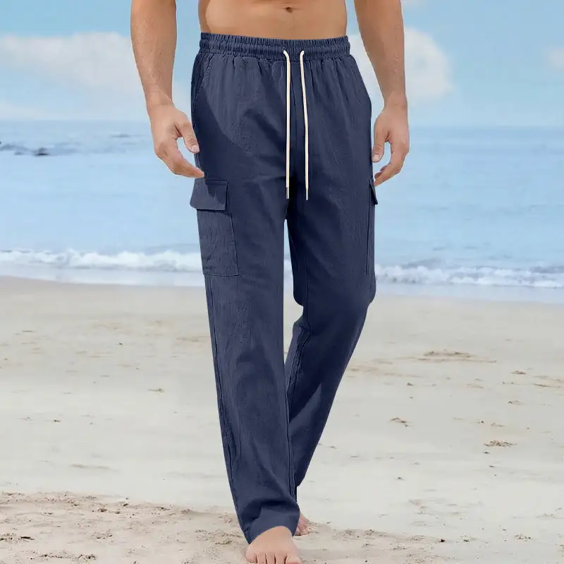 Men's Loose Linen Cargo Pants Waistband Pockets