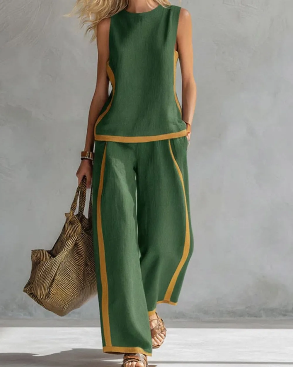 Sleeveless Contrast Trim Top Wide Leg Pants Set Breezy Summer Outfit