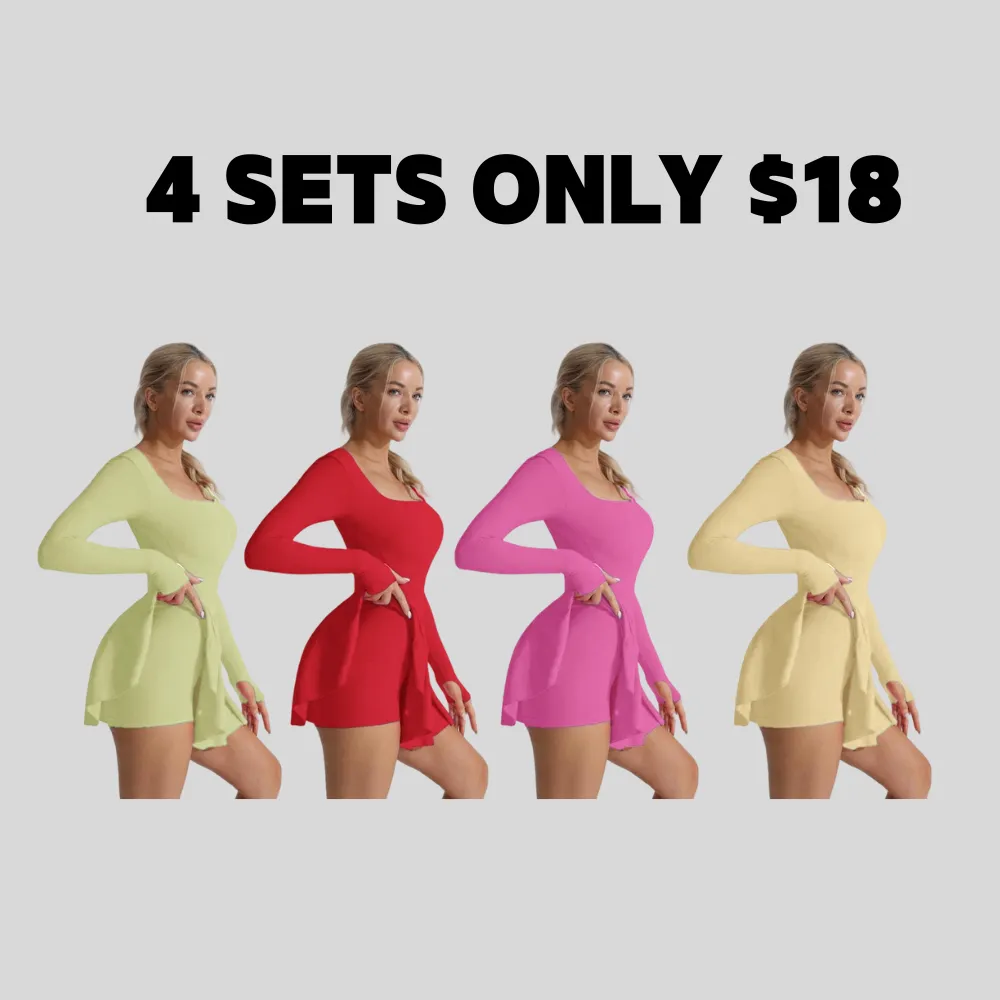 Women's Solid Criss Cross Backless 2 in 1 Sports Dress, Long Sleeve Square Neck Tennis Dress, Ladies Sportswear for Indoor Outdoor Wear