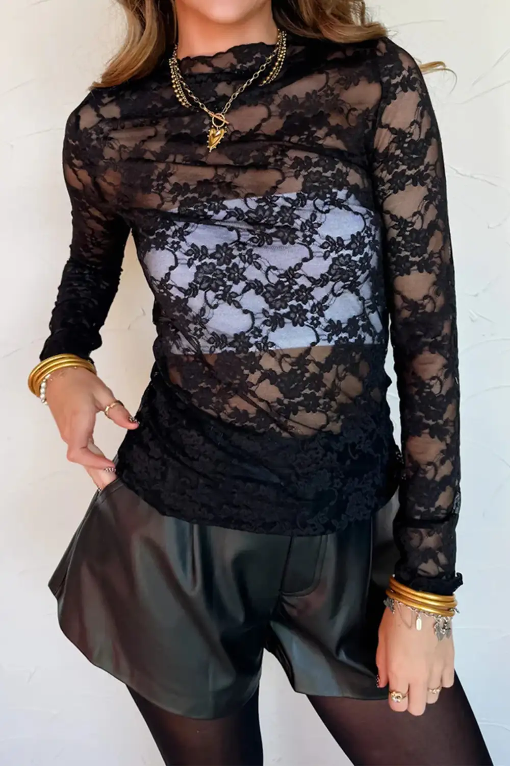Floral Lace Trim Sheer Top