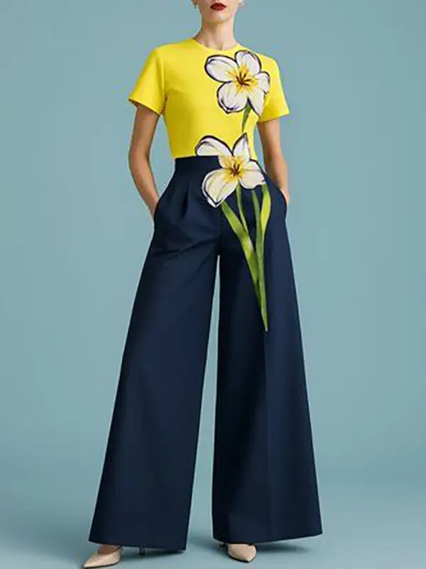 Print Round Neck Short Sleeve Floral T-Shirt