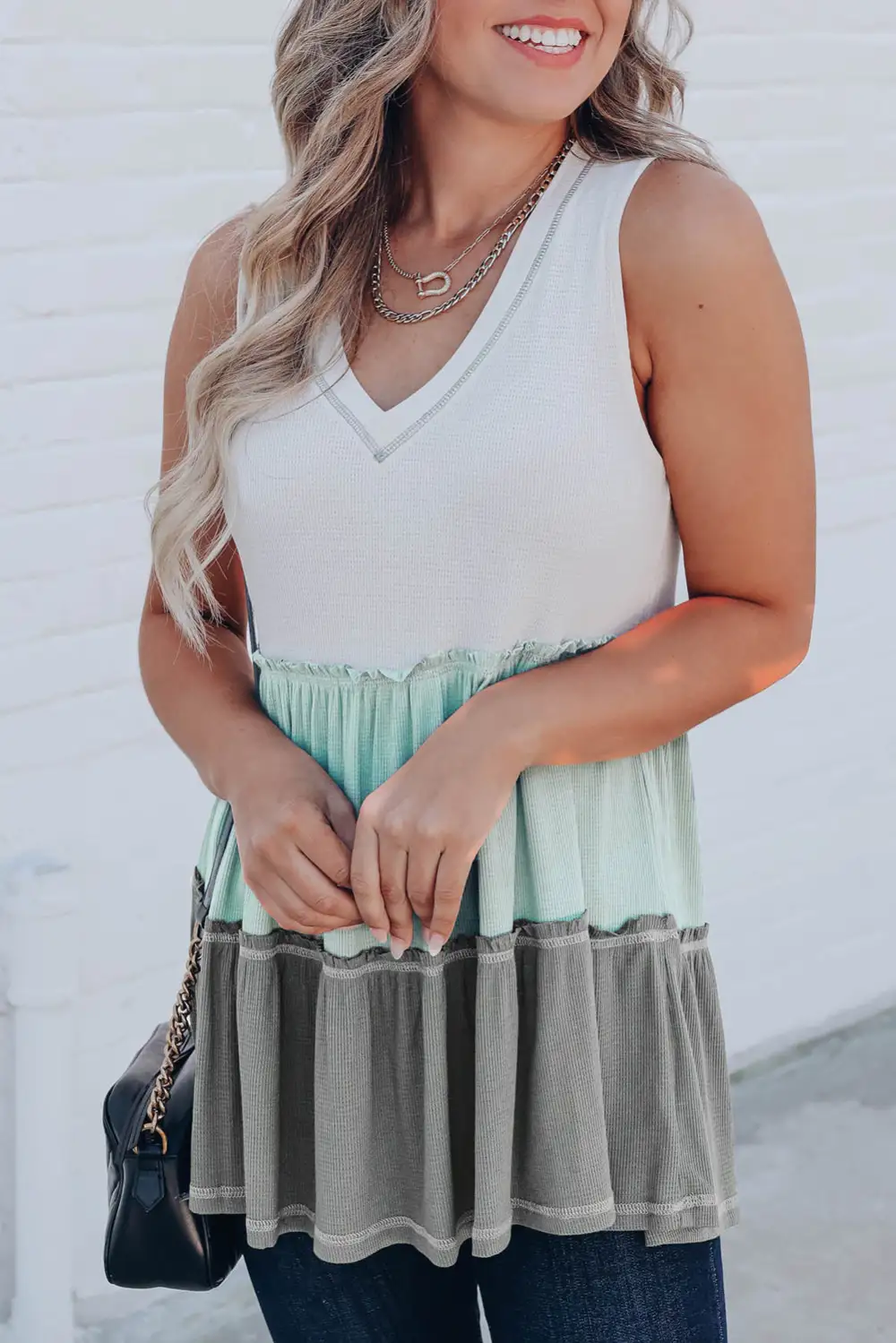 Ruffled V Neck Block Tank Top