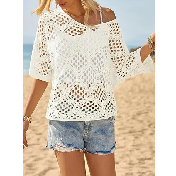 Women's Bohemian-Inspired Beige Crochet Top with V-Neck