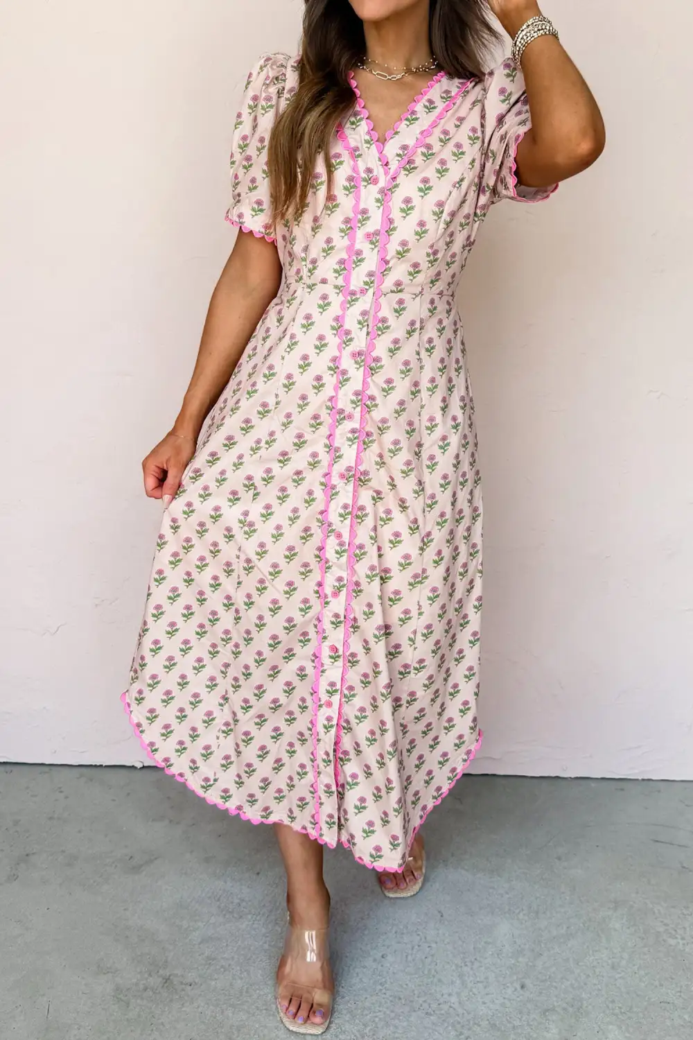 Comfort Fit Floral Printed V Neck Dress