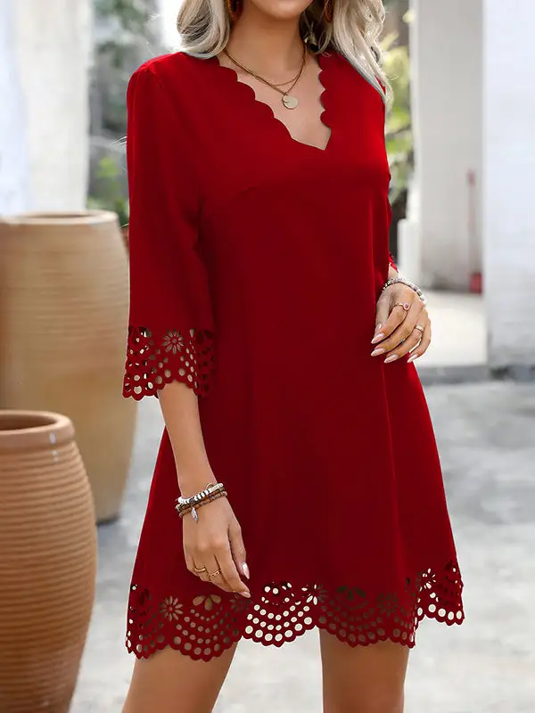A Line Relaxed Hollow Solid Color V Neck Mini Dress