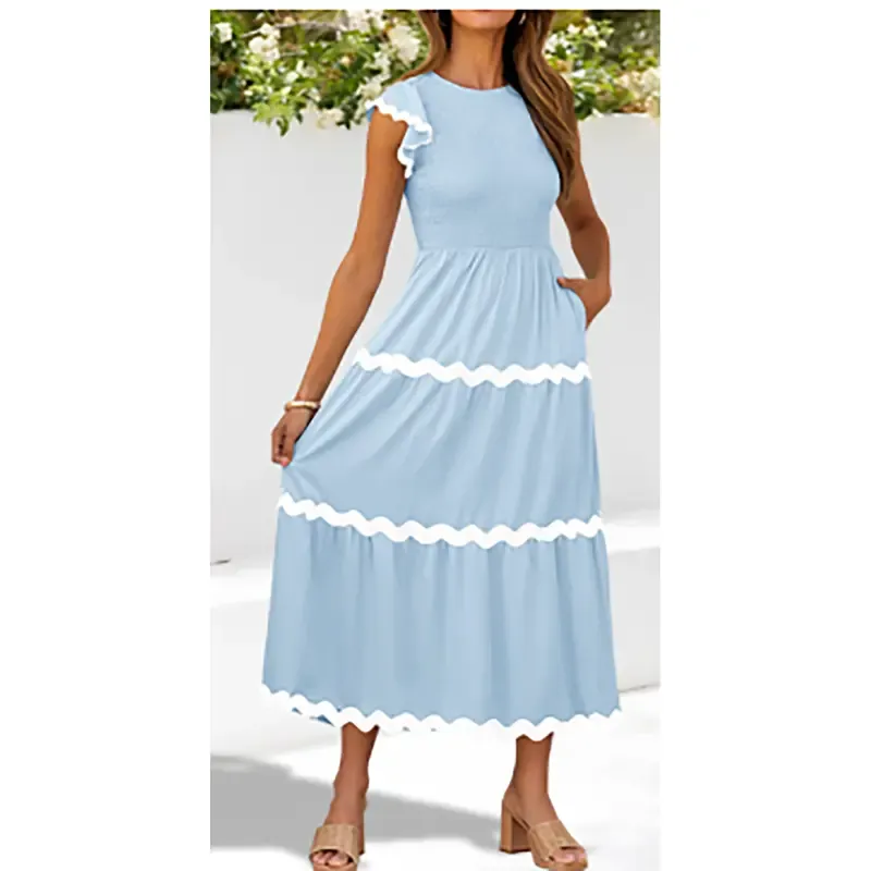 Women's Flowy Short-Sleeved Pleated Midi Dress