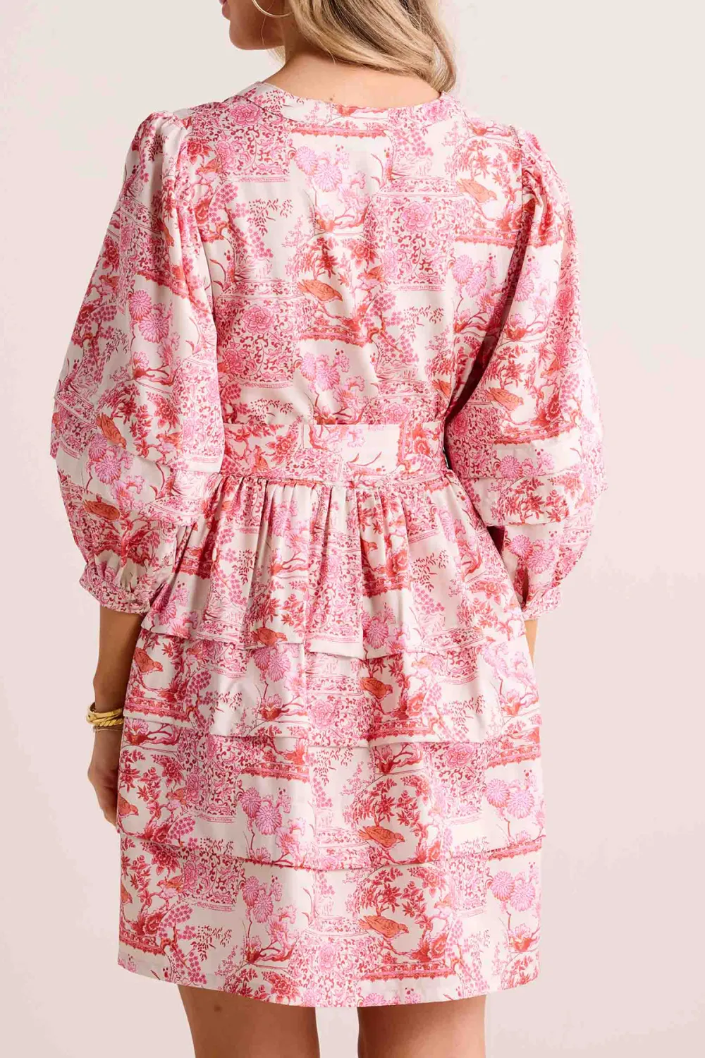 Pink Floral Print Puff Sleeve Tie-Waist Dress