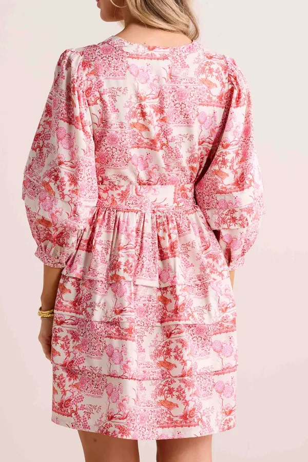 Pink Floral Print Puff Sleeve Tie-Waist Dress