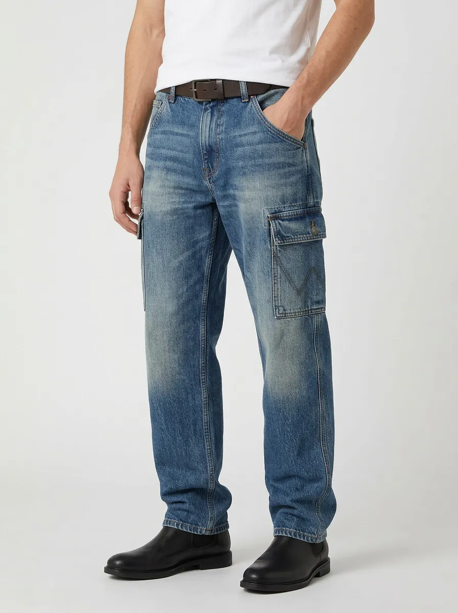 Men's Casual Utility Distressed Denim Cargo Pants