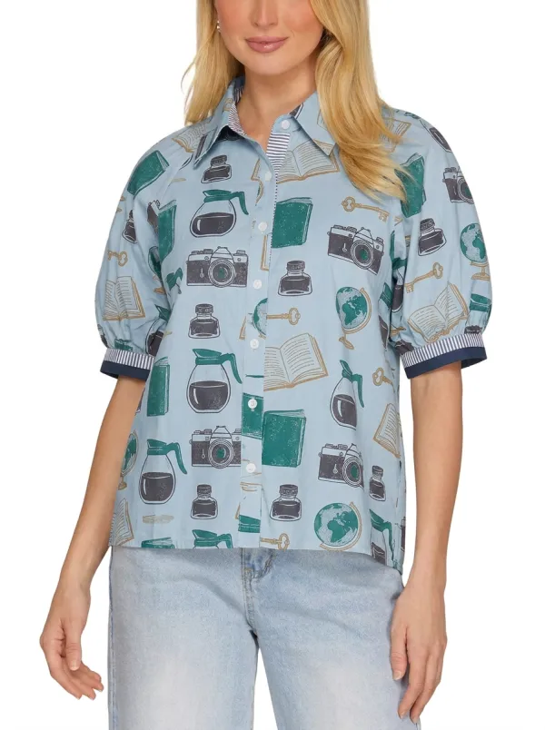 Women's Book Lover Travel Theme Camera Globe Printed Shirt