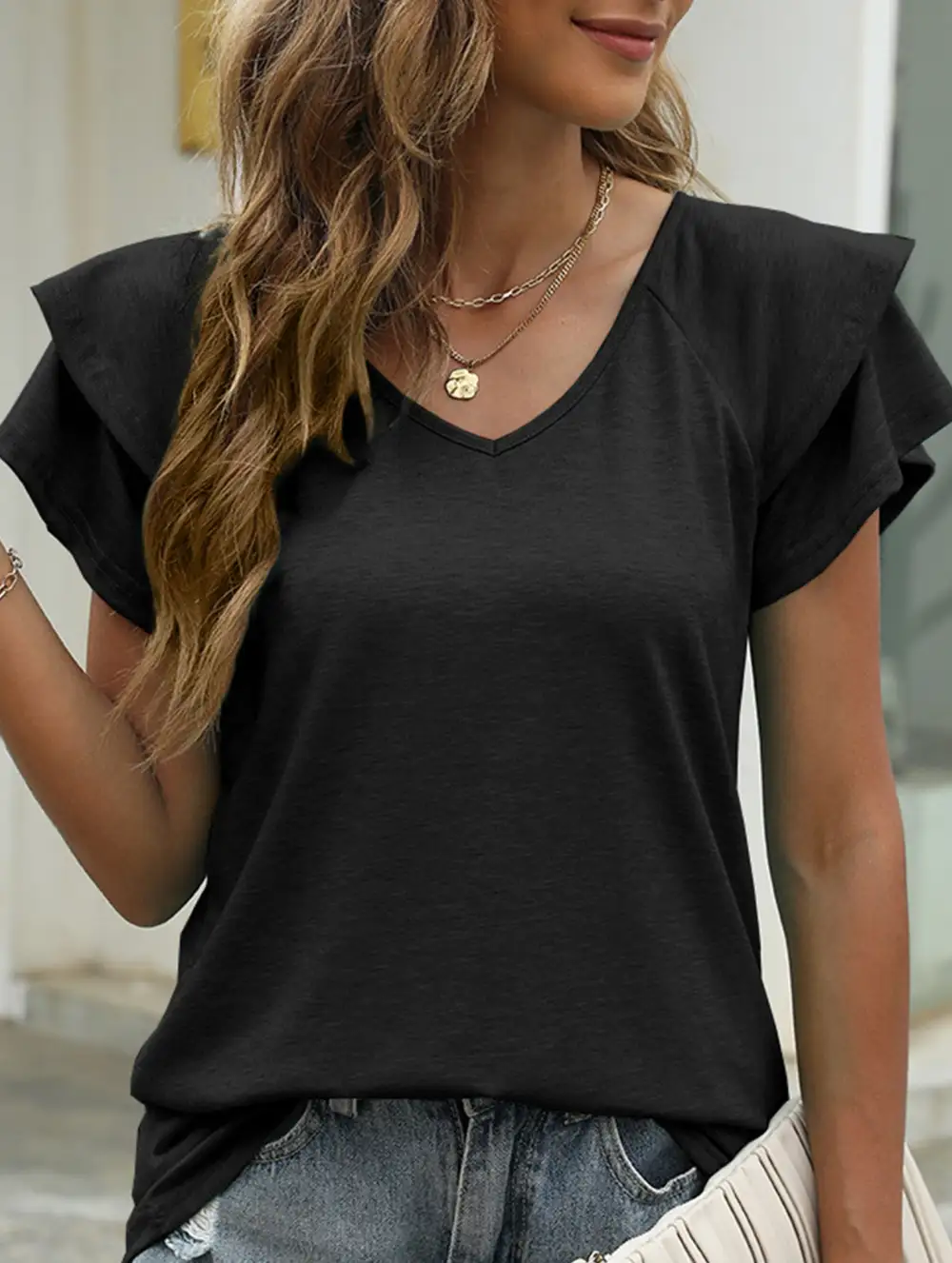 Solid Color V-Neck Ruffle Sleeve T-Shirt