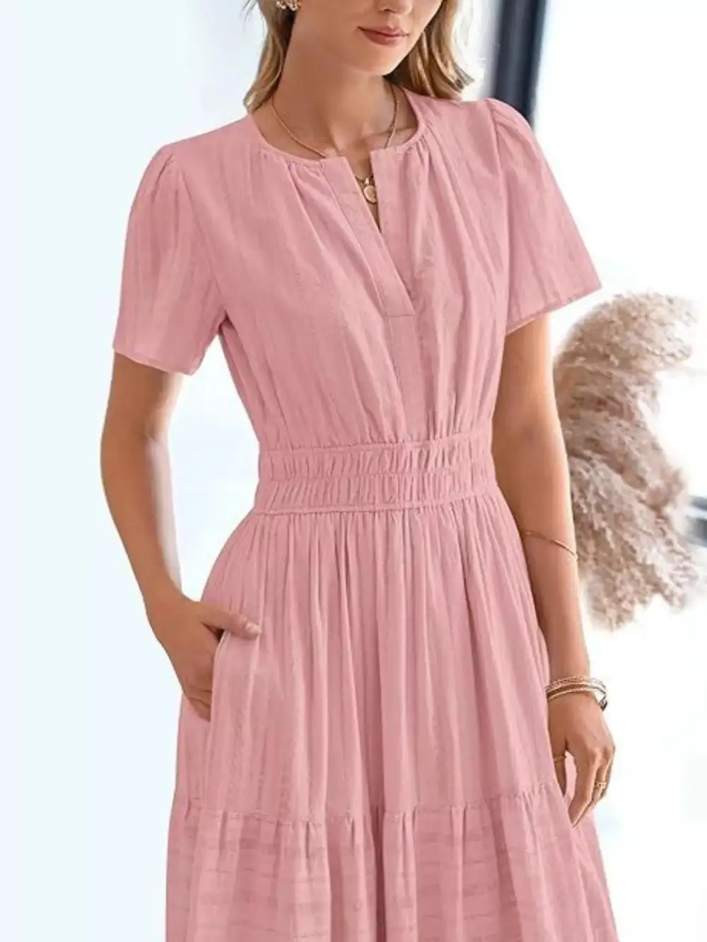 Full Size Short Sleeve Tiered Midi Dress Plus Size