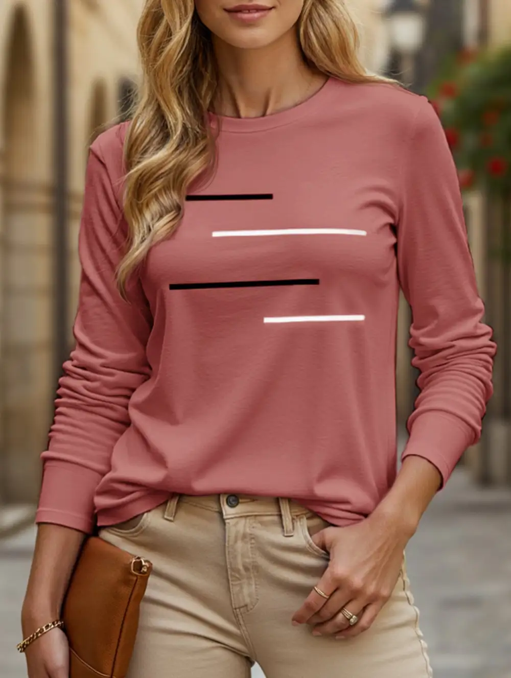 Round Neck Long-Sleeved Printed Tee